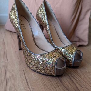 GUESS Women's Gold Glitter Peep-Toe High Heels